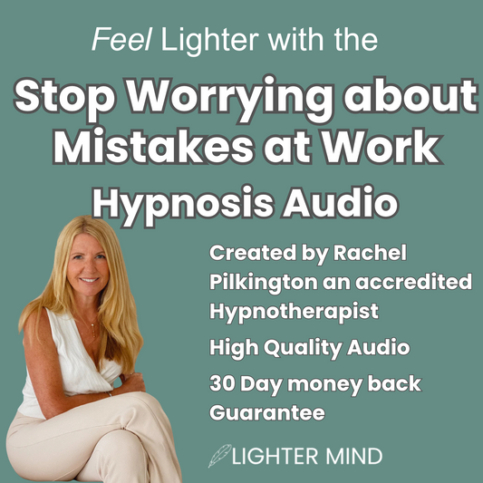 Promotional graphic for a hypnosis audio program titled 'Feel Lighter with the Stop Worrying about Mistakes at Work Hypnosis Audio' by Rachel Pilkington. The design features a teal background with white text and a photo of Rachel on the bottom left, wearing a white sleeveless top and light beige pants.