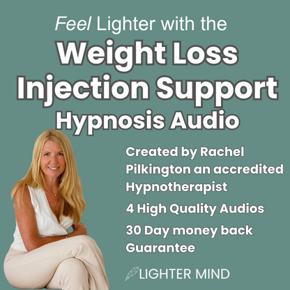Promotional graphic for an audio program titled 'Feel Lighter with the Weight Loss Injection Support Hypnosis Audio' by Rachel Pilkington. The design features a teal background with white text and a photo of a smiling blonde woman in a white top and beige pants in the lower-left corner.
