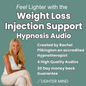 Promotional graphic for an audio program titled 'Feel Lighter with the Weight Loss Injection Support Hypnosis Audio' by Rachel Pilkington. The design features a teal background with white text and a photo of a smiling blonde woman in a white top and beige pants in the lower-left corner.
