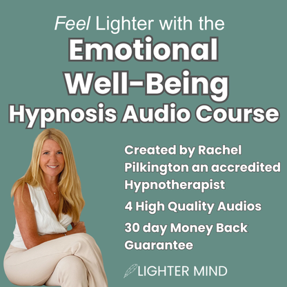 Promotional graphic for the Emotional Well-Being Hypnosis Audio Course by Rachel Pilkington, featuring a smiling blonde woman in a white sleeveless top and light pants against a muted teal background with large white text and the Lighter Mind logo.