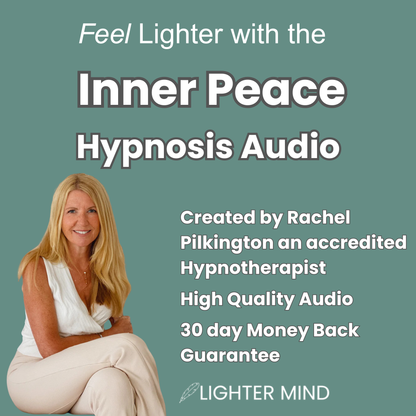 Promotional graphic for 'Inner Peace Hypnosis Audio' by Rachel Pilkington, featuring a smiling blonde woman in a white sleeveless top and beige pants on a muted teal background with white text.