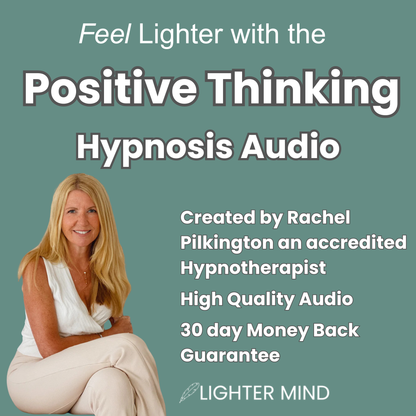 Promotional graphic for an audio program titled 'Feel Lighter with the Positive Thinking Hypnosis Audio' on a muted teal background. A smiling blonde woman in a white sleeveless top and light pants sits on the lower left.