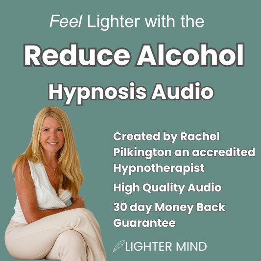 Promotional graphic for an audio program titled 'Reduce Alcohol Hypnosis Audio' on a muted teal background. A smiling blonde woman in a white sleeveless top and light pants sits in the lower left.