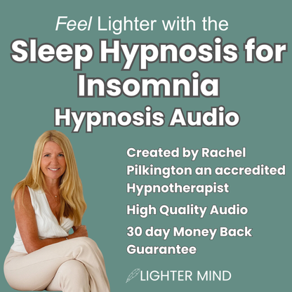 Promotional graphic for a sleep hypnosis audio program titled 'Sleep Hypnosis for Insomnia Hypnosis Audio' on a muted teal background. Large white text appears at the top, with smaller white text listing features such as 'Created by Rachel Pilkington,' 'High Quality Audio,' and '30 day Money Back Guarantee.