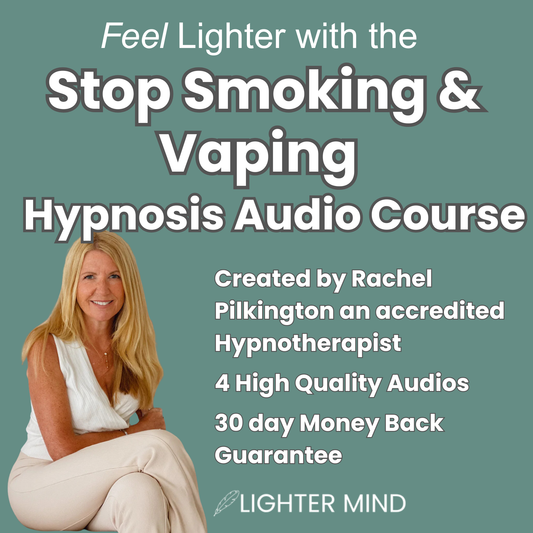 Promotional graphic for an audio course titled 'Feel Lighter with the Stop Smoking & Vaping Hypnosis Audio Course' on a muted teal background. A smiling blonde woman sits in the lower left, and text on the right lists creator Rachel Pilkington as an accredited hypnotherapist, 4 high quality audios, 30 day money back guarantee, and the brand Lighter Mind.