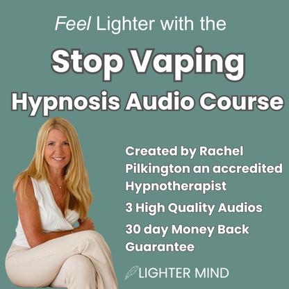 Promotional graphic for an audio course titled 'Stop Vaping Hypnosis Audio Course' on a muted teal background. Large white text appears at the top, with smaller white text listing features such as 'Created by Rachel Pilkington,' '3 High Quality Audios,' and '30 day Money Back Guarantee.